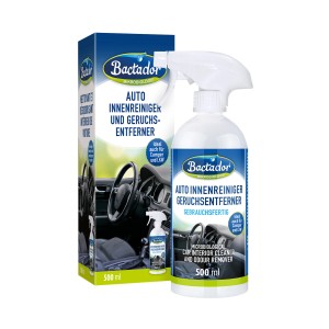 Bactador Auto Innenreiniger Spray zur Geruchsentfernung, 500ml Flasche und Verpackung.