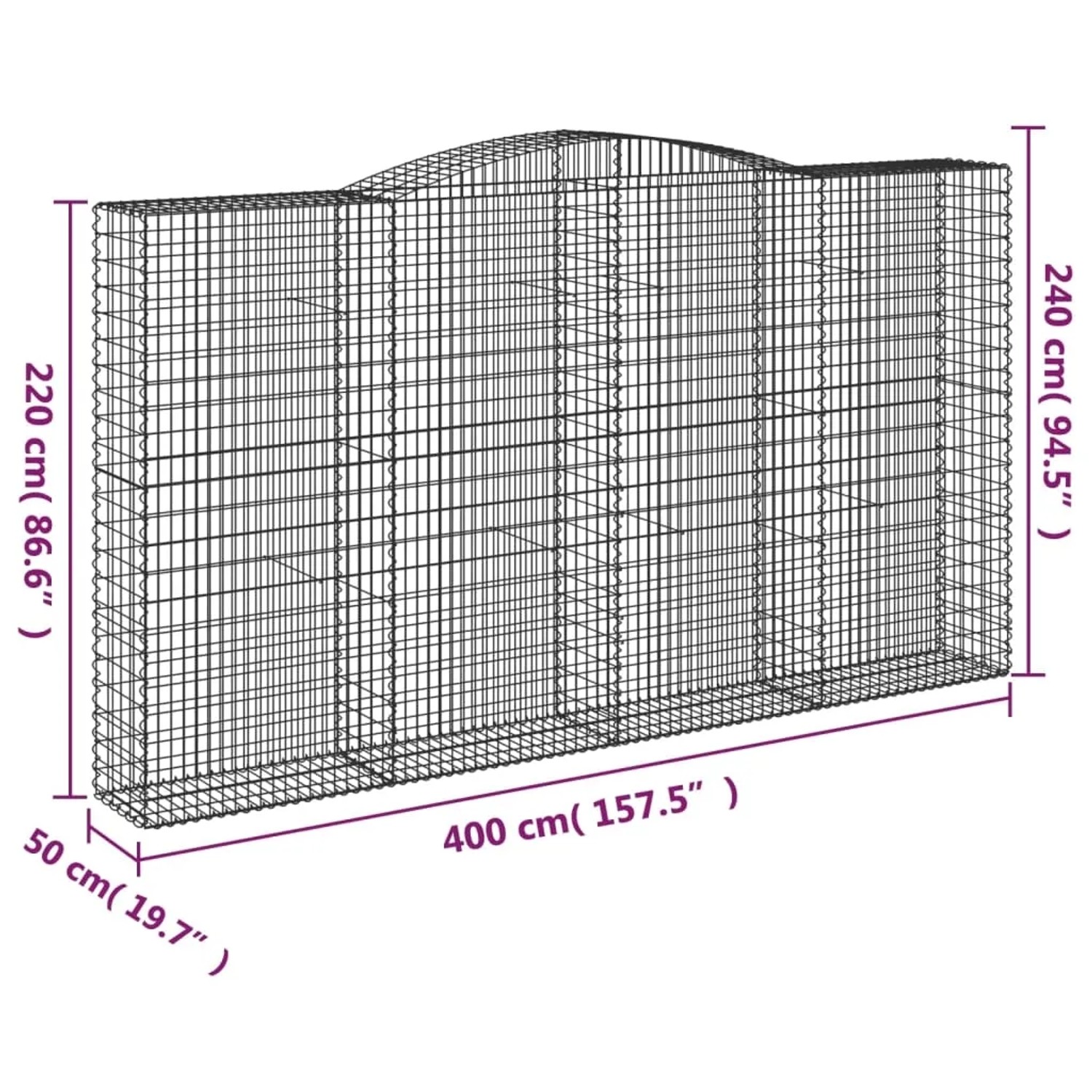 9er Set vidaXL Gabionen mit Hochbogen, 400x50x220/240cm, aus verzinktem Eisen für Hochbeete.