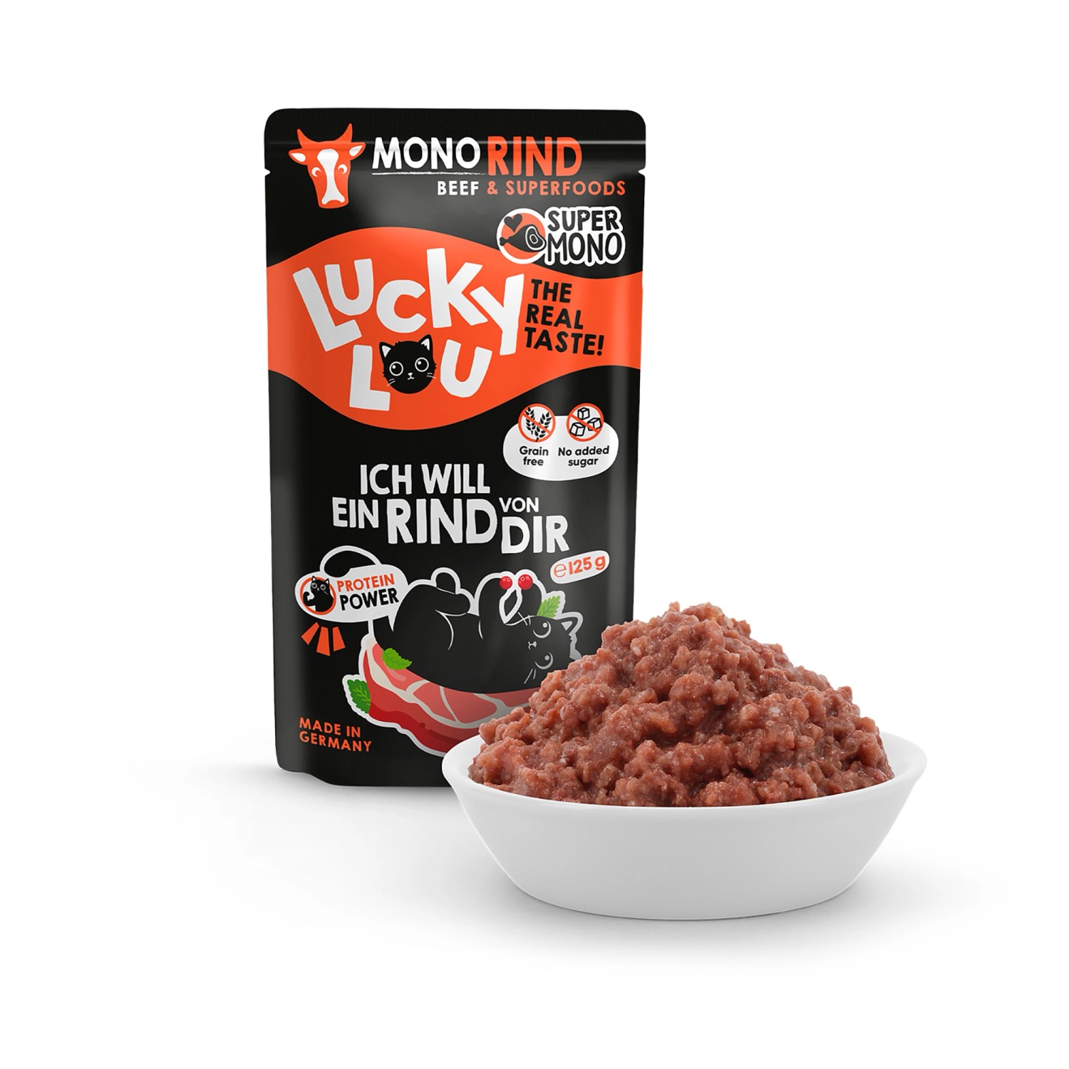 Lucky Lou Katzen-Nassfutter SuperMono Rind 125g mit Schale. Alleinfutter mit Rind.