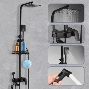 Schwarzes PXloue Thermostat Duschset 4-in-1 mit quadratischer Regendusche, Handbrause, Piano-Tasten und höhenverstellbarer Säule.