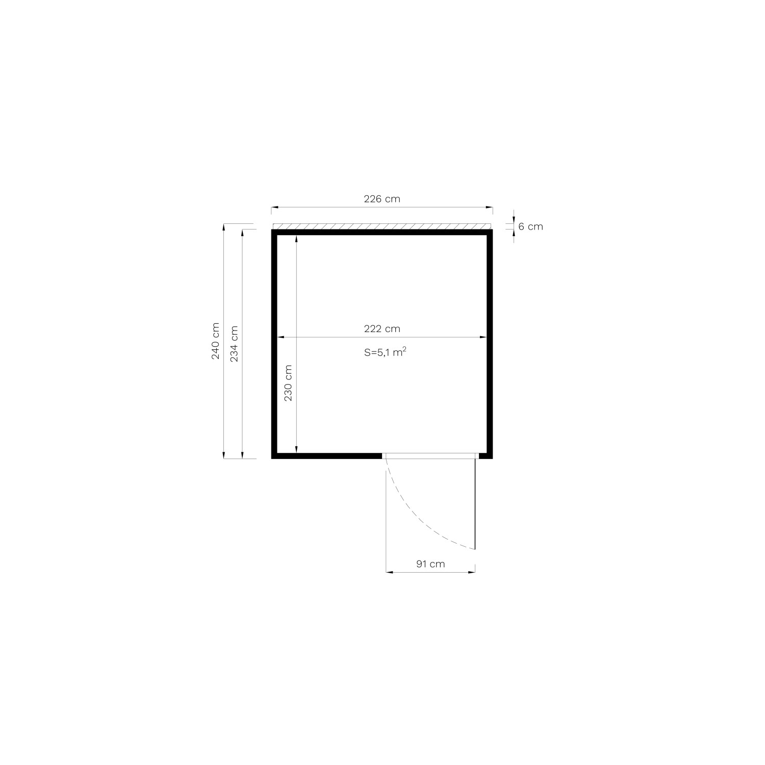 Grundriss Gartenhaus Bertilo Cubus 2 Office: 226x234cm, Fläche 5,1m², Tür 91cm. Ideal als Weekendhaus.