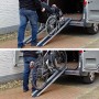 TRUTZHOLM Alu Teleskoprampe mit Rollstuhl und Fahrrad im Einsatz am Autoanhänger.