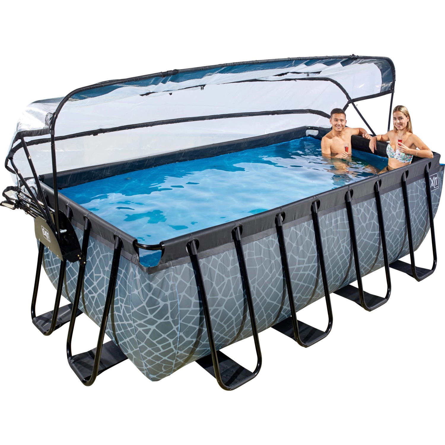 Rechteckiger EXIT Stone Pool 400x200x122 cm mit Abdeckung, Sandfilterpumpe und Wärmepumpe. Personen im Pool.