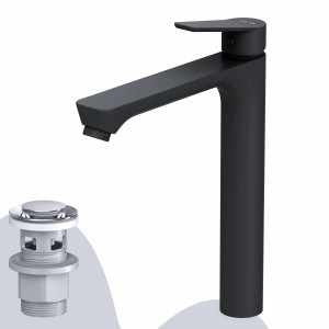 AM.PM Waschtischarmatur Hoch, Schwarz, mit Klick-Ablaufgarnitur. Wasserhahn für Waschbecken im Bad.