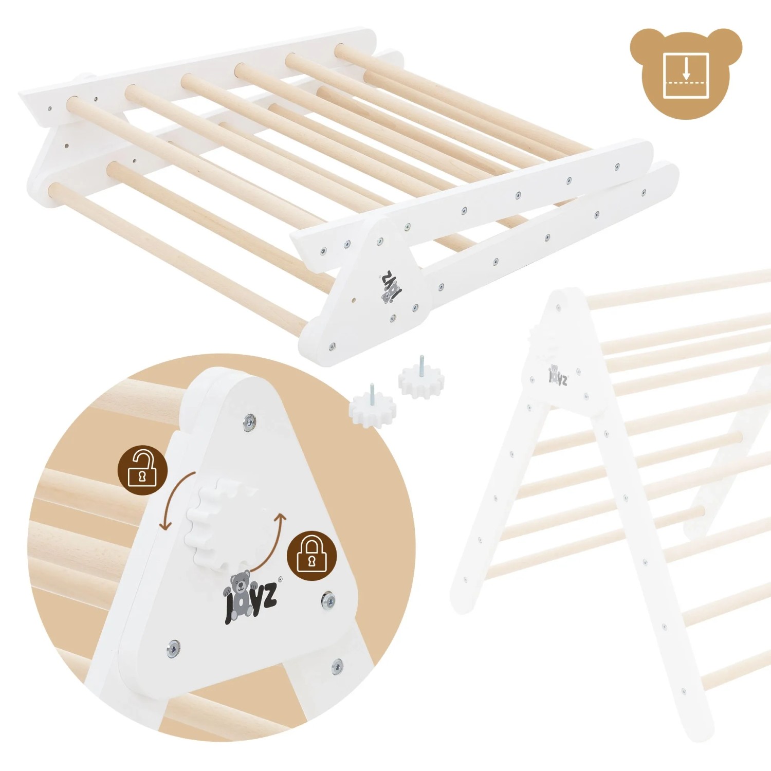 Joyz 2in1 Kletterdreieck mit Rutsche, weißes Holz, 2er Set für Indoor-Spielplätze.