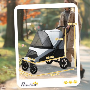 Grauer PawHut Hundewagen mit Maßen, geschoben von einer Person im Park.