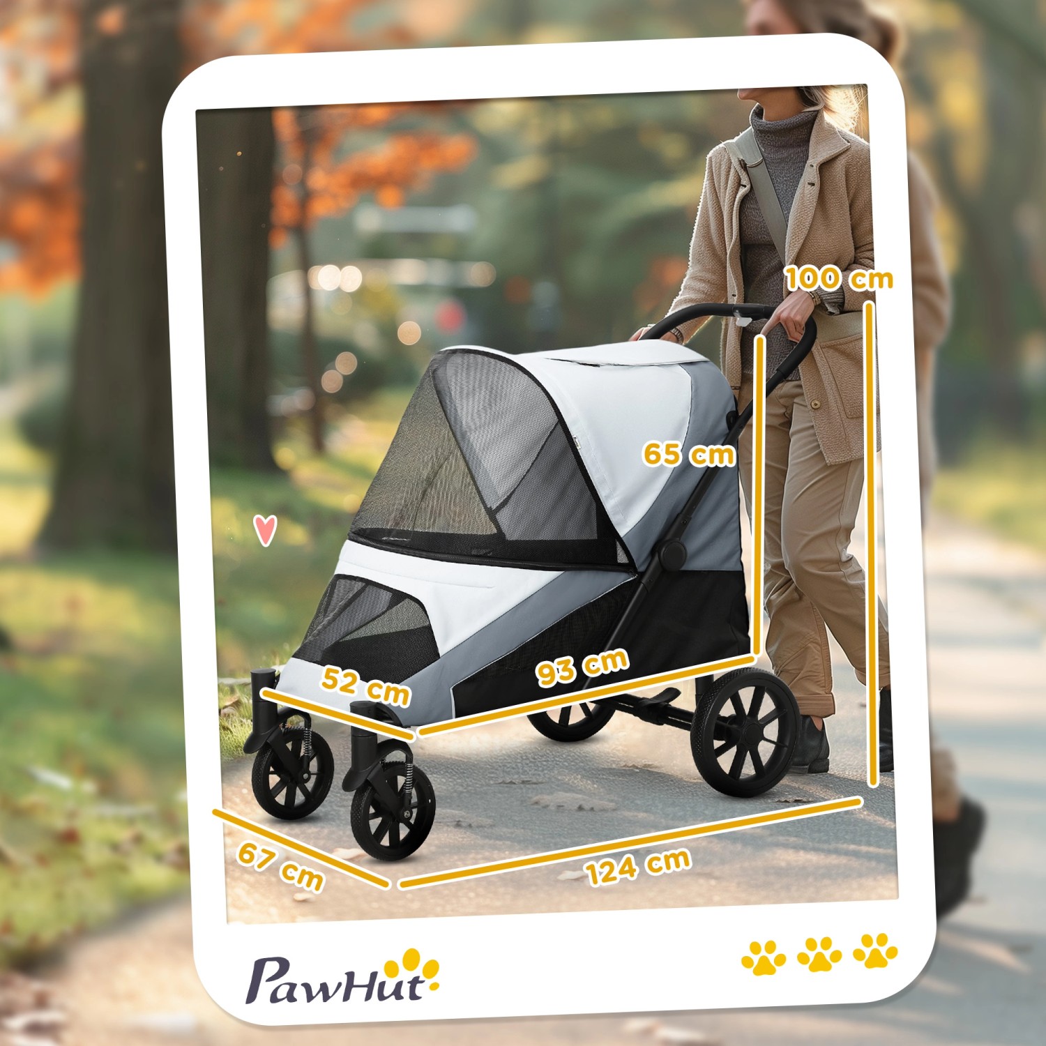 Grauer PawHut Hundewagen mit Maßen, geschoben von einer Person im Park.