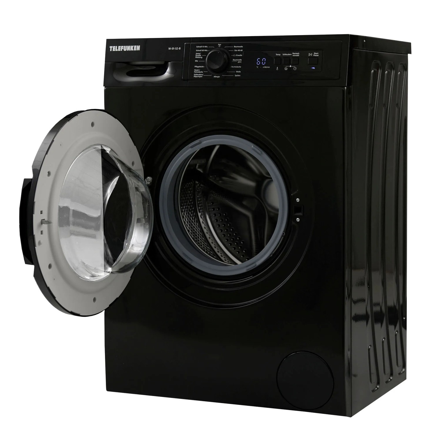 Schwarze Telefunken Waschmaschine Frontlader, 5 kg, Tür geöffnet.
