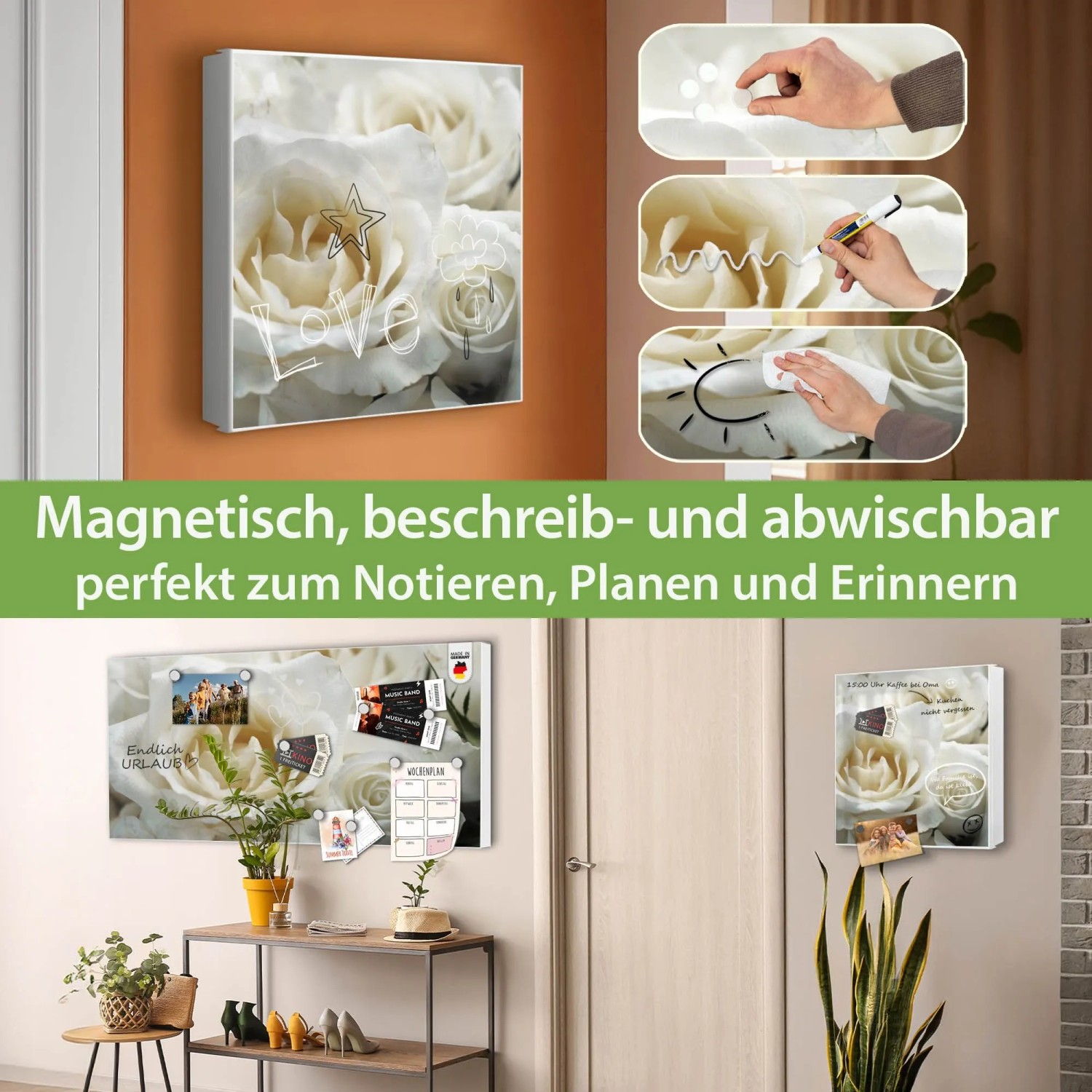 Banjado Großer Schlüsselkasten Metall 30x30cm Weiß Scharnier Links 50 Haken Beschreibbar Magnetisch Motiv White Roses