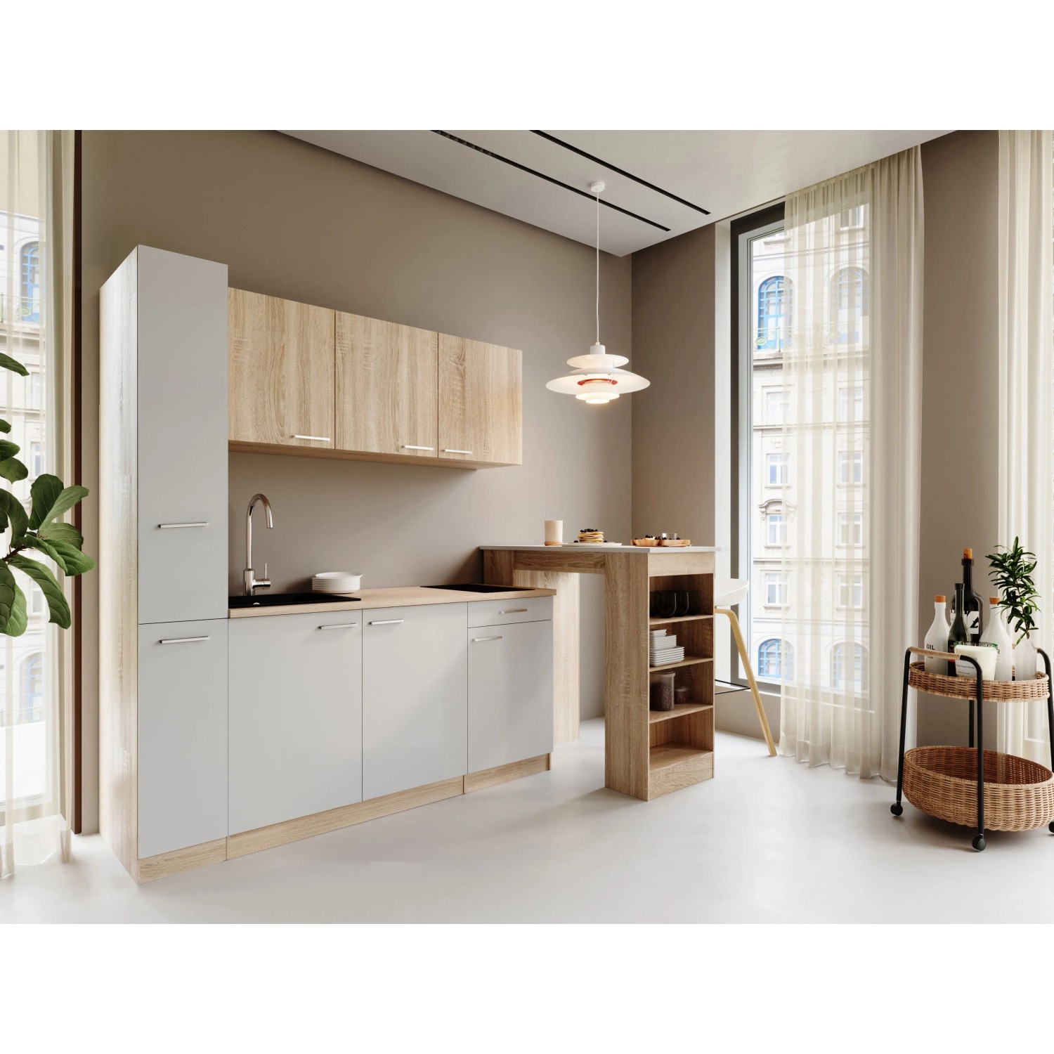 Respekta Ingrid Singleküche 180 cm Weiß mit Bartisch mit Apothekenschrank