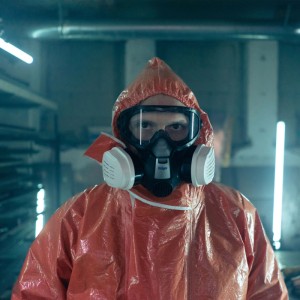 Orangefarbener Dräger Schutzanzug Overall mit Kapuze, Atemschutzmaske und Schutzbrille für Laborarbeiten.