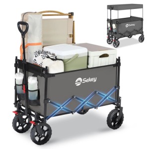 Sekey XXL Bollerwagen, faltbar, 150L, grau, beladen mit Campingausrüstung.