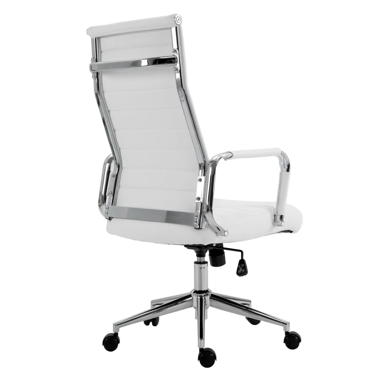 Weißer Svita Bürostuhl Office Comfort mit hoher Rückenlehne und Chromgestell, Rückansicht.