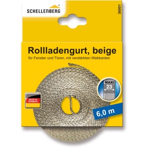 Schellenberg Rollladengurt Maxi, 23 mm, 6 m, beige, aufgerollt in gelber Verpackung.