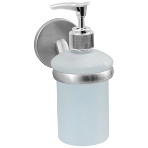 Fackelmann Fusion Seifenspender mit Wandhalterung aus Edelstahl-Optik und Mattglas.