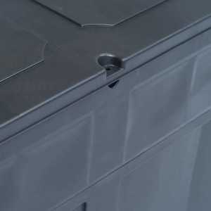 Detailaufnahme: Schwarze VidaXL Garten-Aufbewahrungsbox (320 L) aus Kunststoff mit Holzoptik.