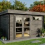 Graues Alpholz Gartenhaus Leandro-28 mit Doppeltür und Fenster. Modernes Design für den Garten.
