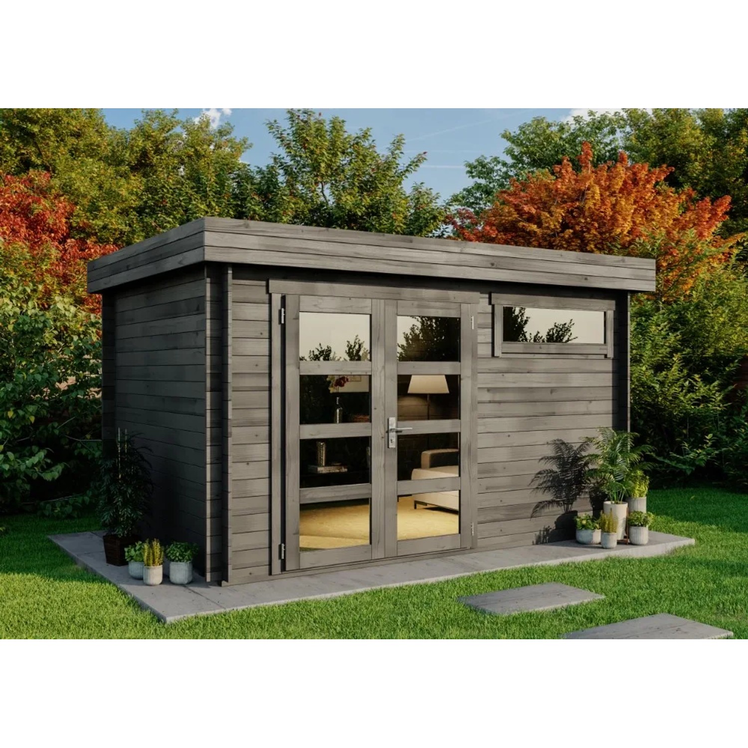 Graues Alpholz Gartenhaus Leandro-28 mit Doppeltür und Fenster. Modernes Design für den Garten.