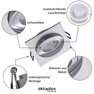 Oktaplex 6er Set Einbauleuchte Aluminium Lyon Schwenkbar 4000K Neutralweiß 380lm 4,8W Silber Deckenspot Eckig