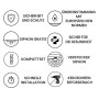 Duschwanne VIDAR: Icons für Sicherheit, EU-Normen, gratis Siphon, gesundheitlich unbedenklich, Komplettset, schnelle Montage.