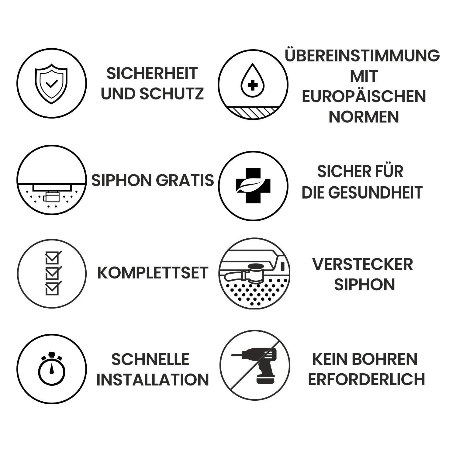 Duschwanne VIDAR: Icons für Sicherheit, EU-Normen, gratis Siphon, gesundheitlich unbedenklich, Komplettset, schnelle Montage.