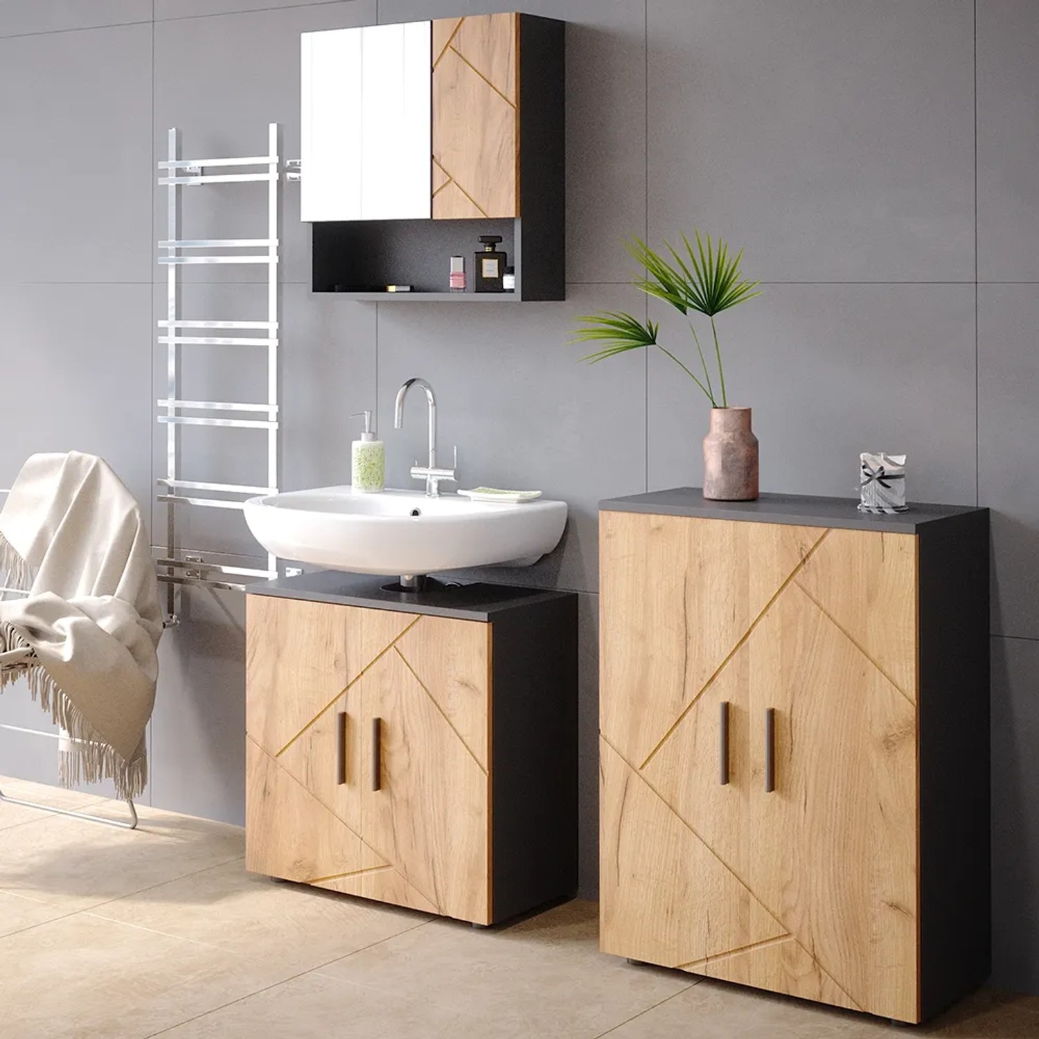 Vicco Midischrank Irma, Anthrazit/Goldkraft Eiche, Badregal mit Stauraum.