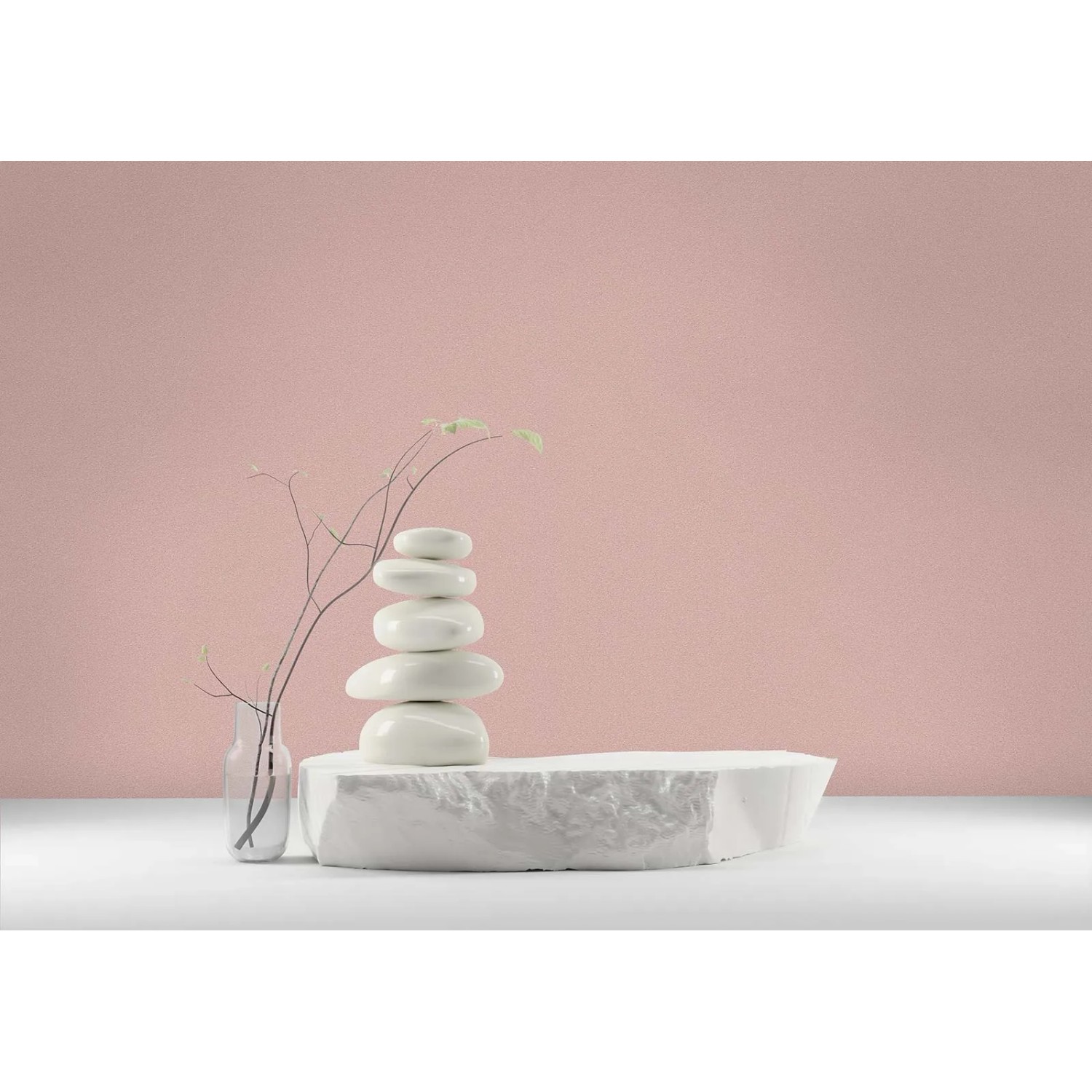 Bricoflor Tapete Elle Decoration 3 - 10335-05 mit Steinturm und Dekoration vor rosa Wand.