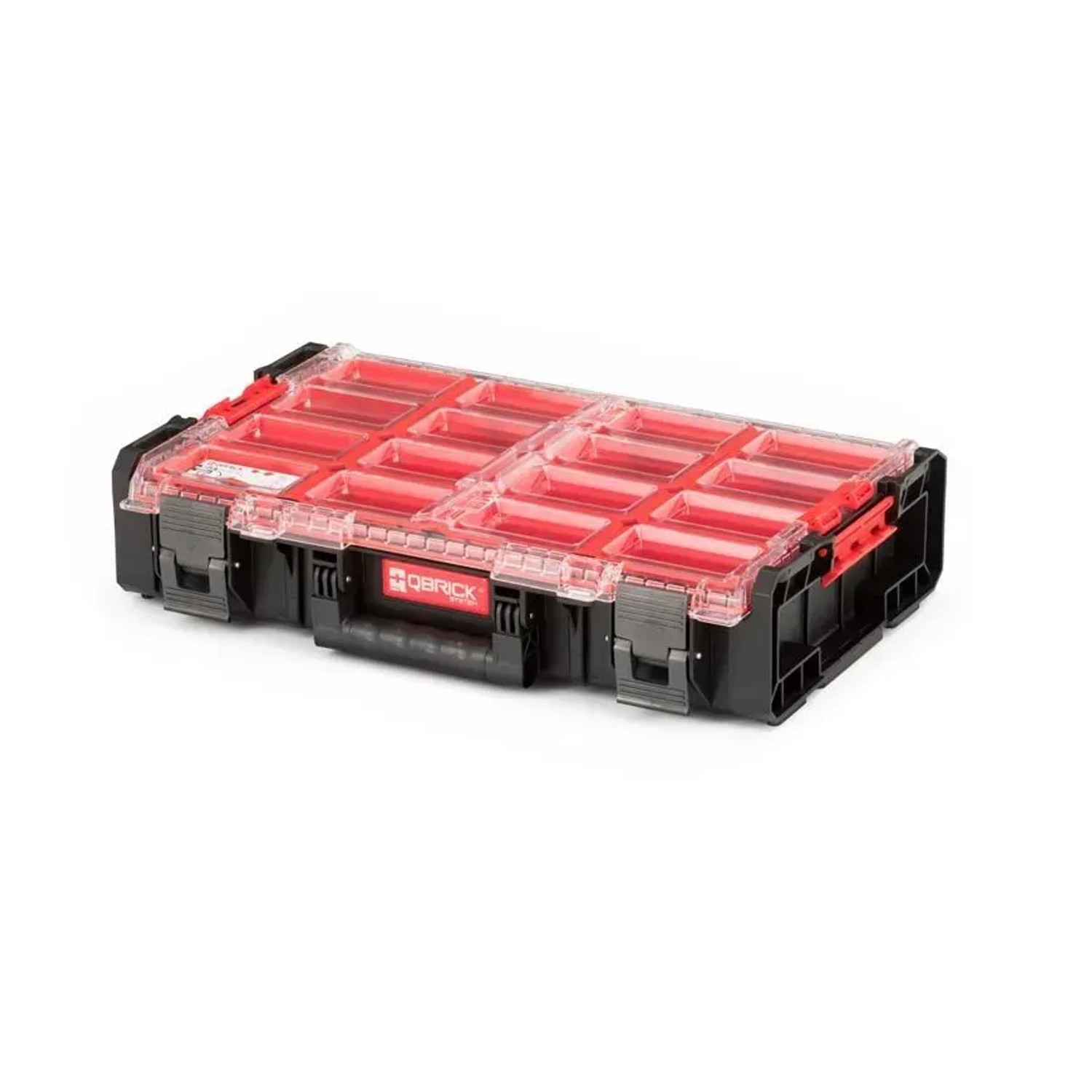 Schwarzer QBRICK Sortimentskasten One XL mit 12 Fächern und transparentem Deckel.