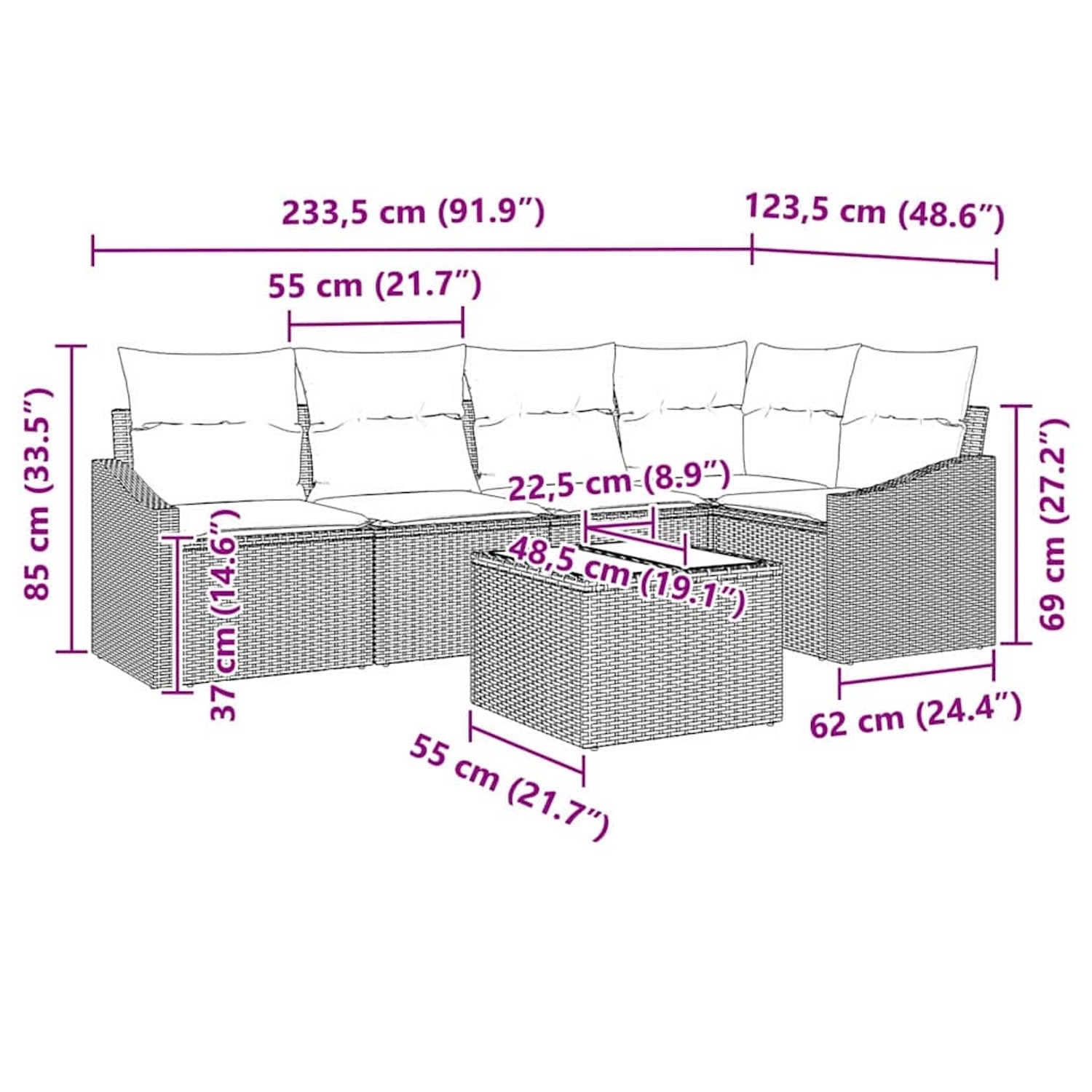 vidaXL Garten-Sofa-Set, 6-teilig, beige Poly Rattan, mit Maßangaben. Ideal für Garten und Terrasse.