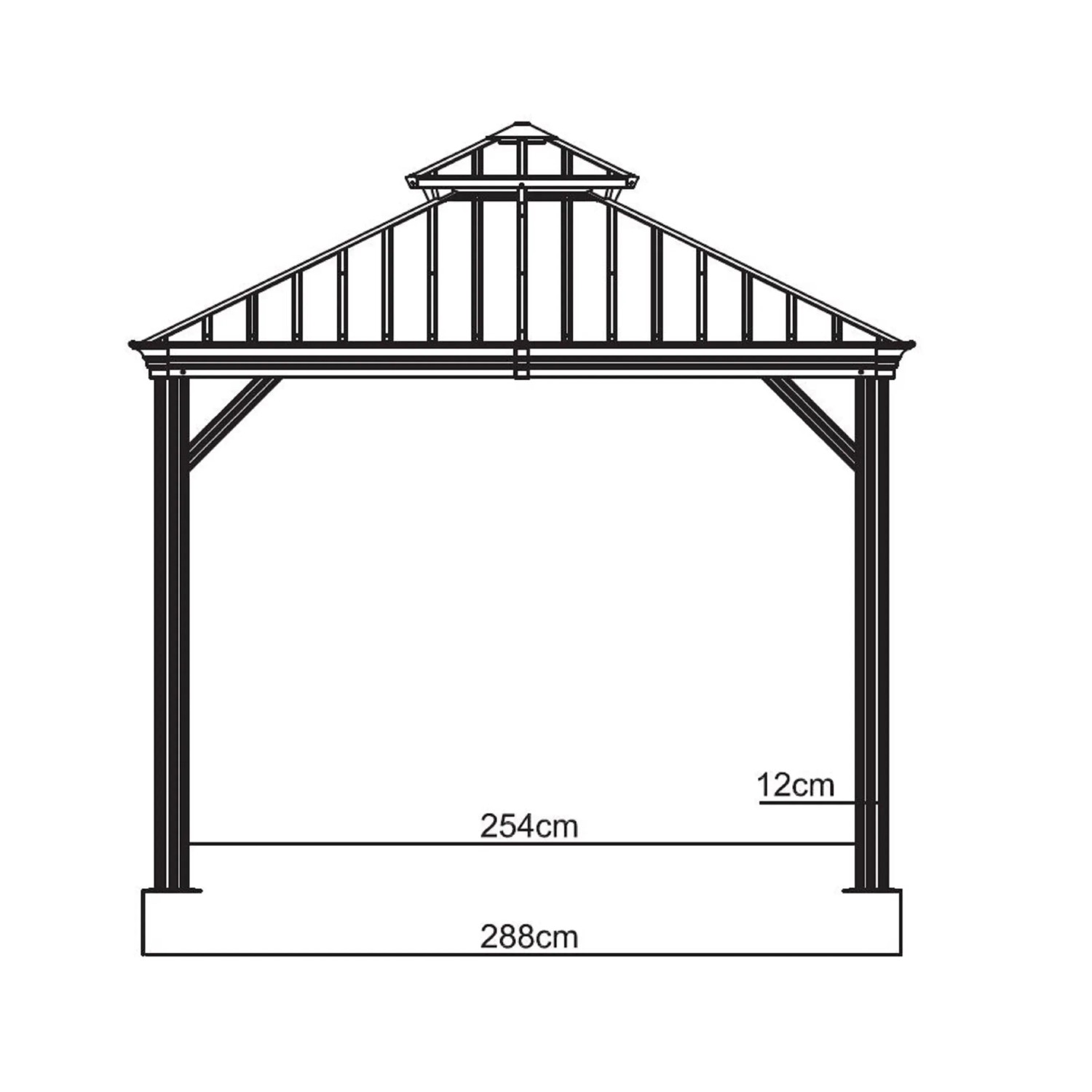Technische Zeichnung des champagnerfarbenen Sojag Aluminium Pavillon Messina 10 x 12 mit Maßangaben.
