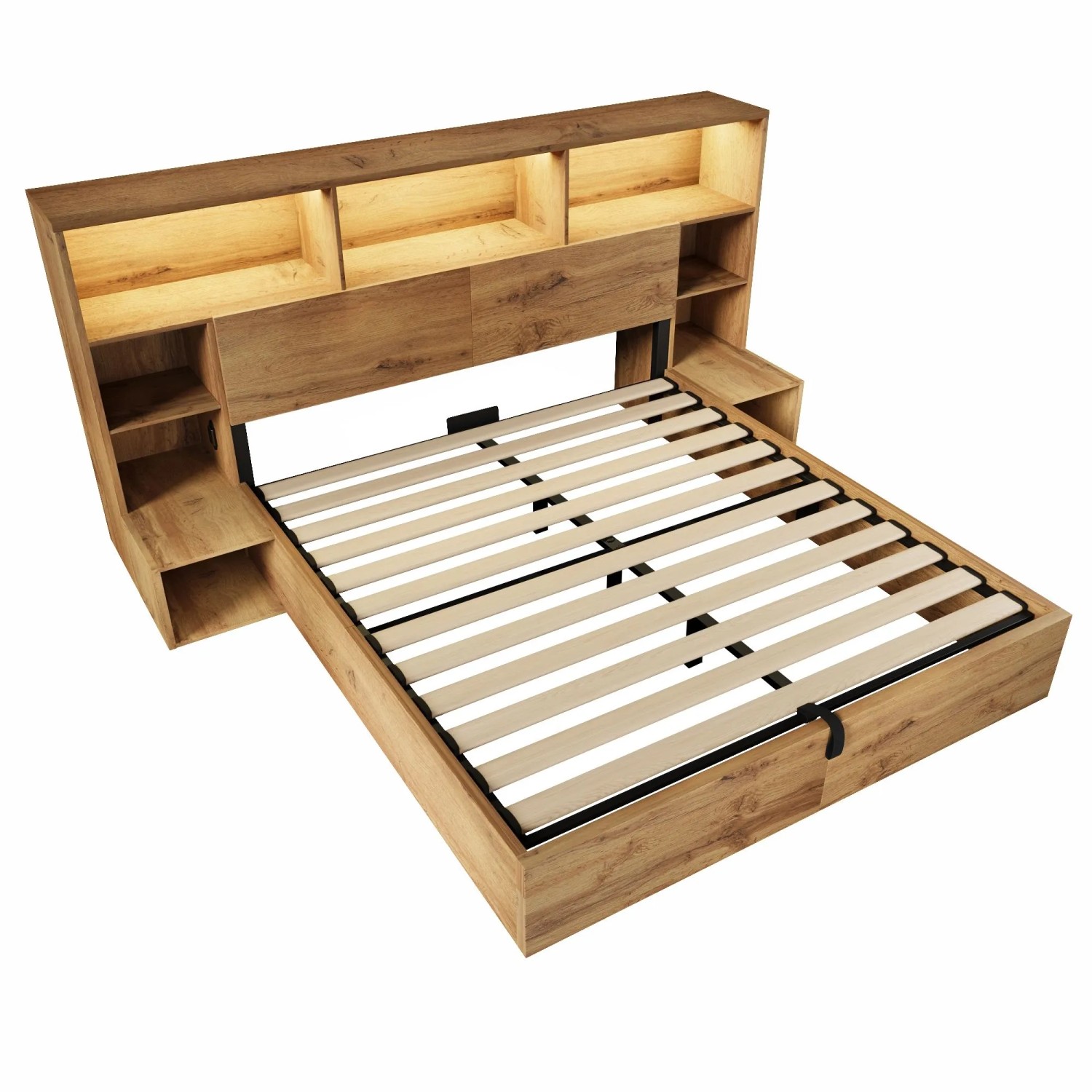 Merax Systembett 160x200cm Hydraulik LED USB-C Eiche