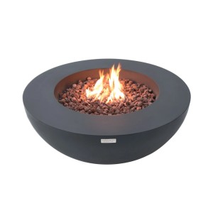 Elementi Gasfeuerstelle Lunar, Beton-Optik dunkelgrau, mit Lavasteinen und Flammen.