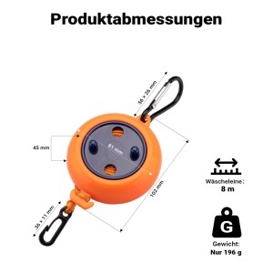 Orange ausziehbare Wiltec Wäscheleine mit 8m Länge und Karabinerhaken. Maße: 102mm lang, 196g. Ideal für Camping.
