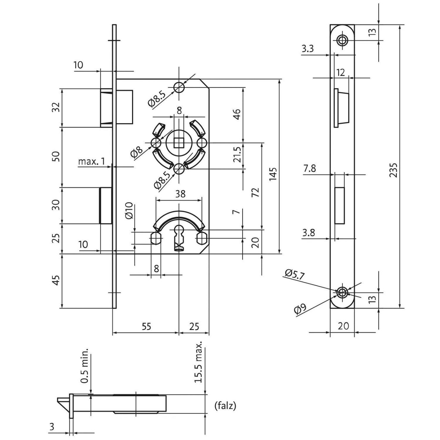 Technische Zeichnung: SOTECH BKS Türschloss 0215, Buntbartschloss, Dornmaß 55mm, DIN Links