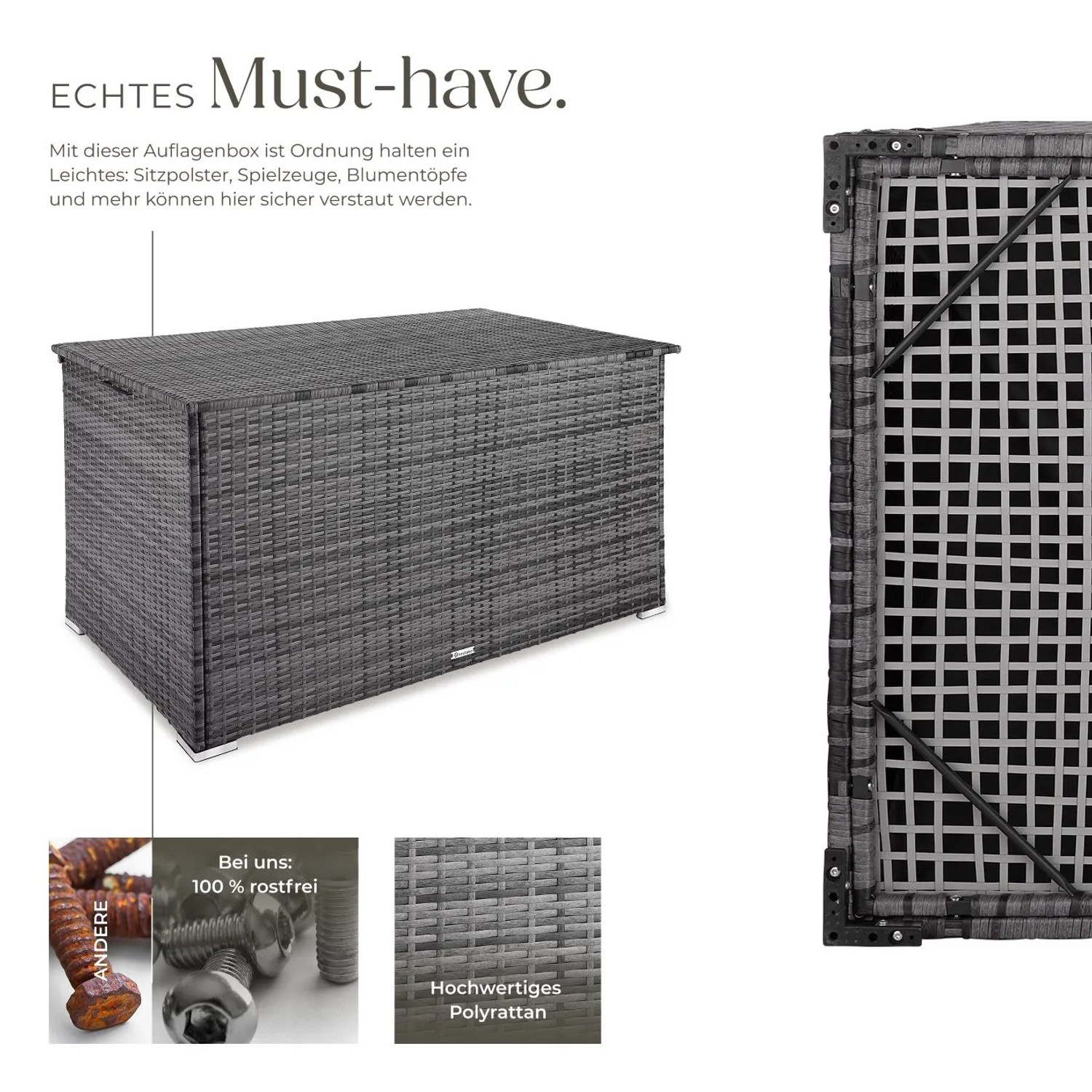 Graue Tectake Auflagenbox Oslo, 750 L, aus Polyrattan mit Aluminiumrahmen für Garten-Ordnungssysteme.