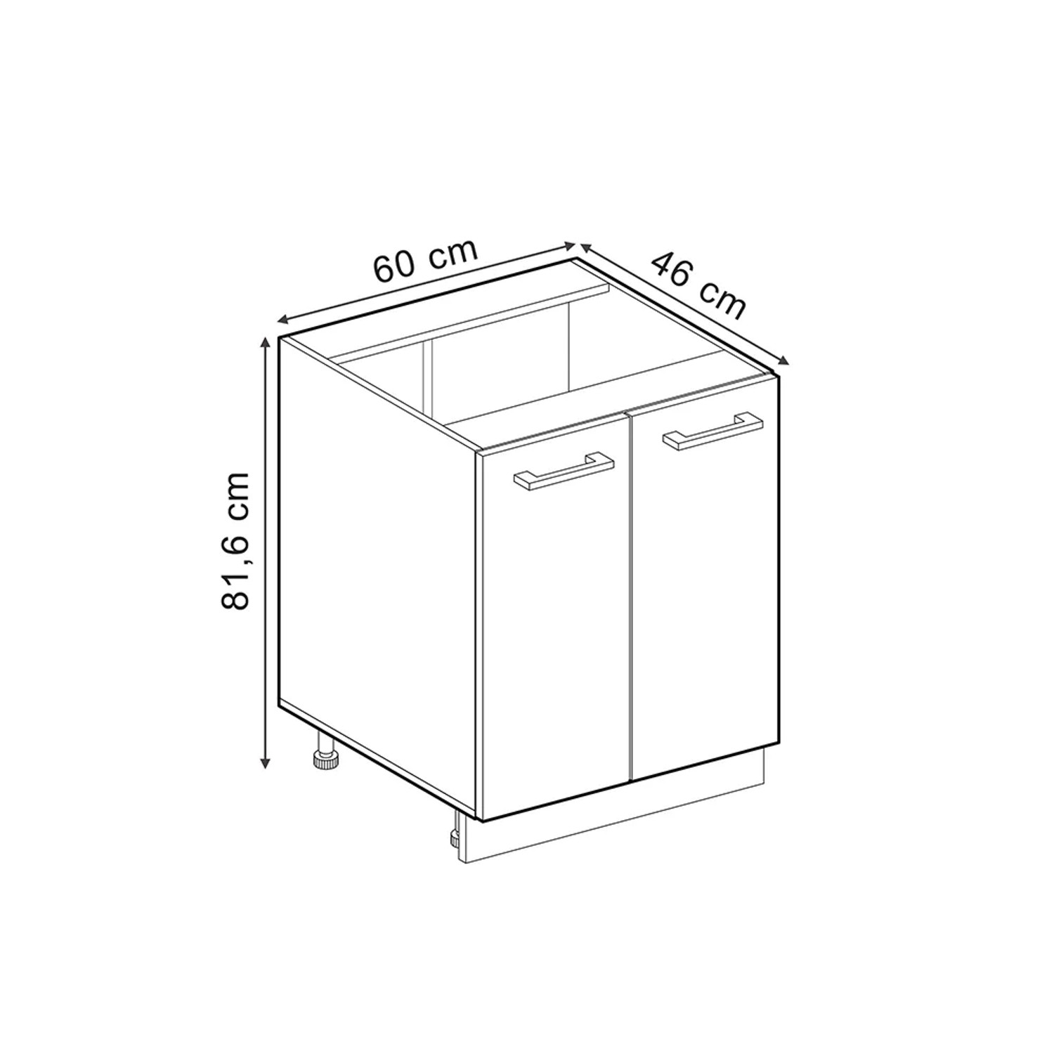 Skizze: Vicco Küchenunterschrank R-Line, 60 cm, schwarz Beton/Anthrazit, ohne Arbeitsplatte, mit Maßen.