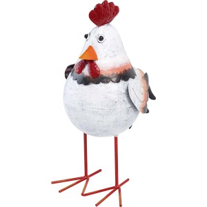 Stehende Deko-Figur Hahn, 28 cm, aus Stahlblech, weiß mit roten Akzenten, für die Gartendekoration.