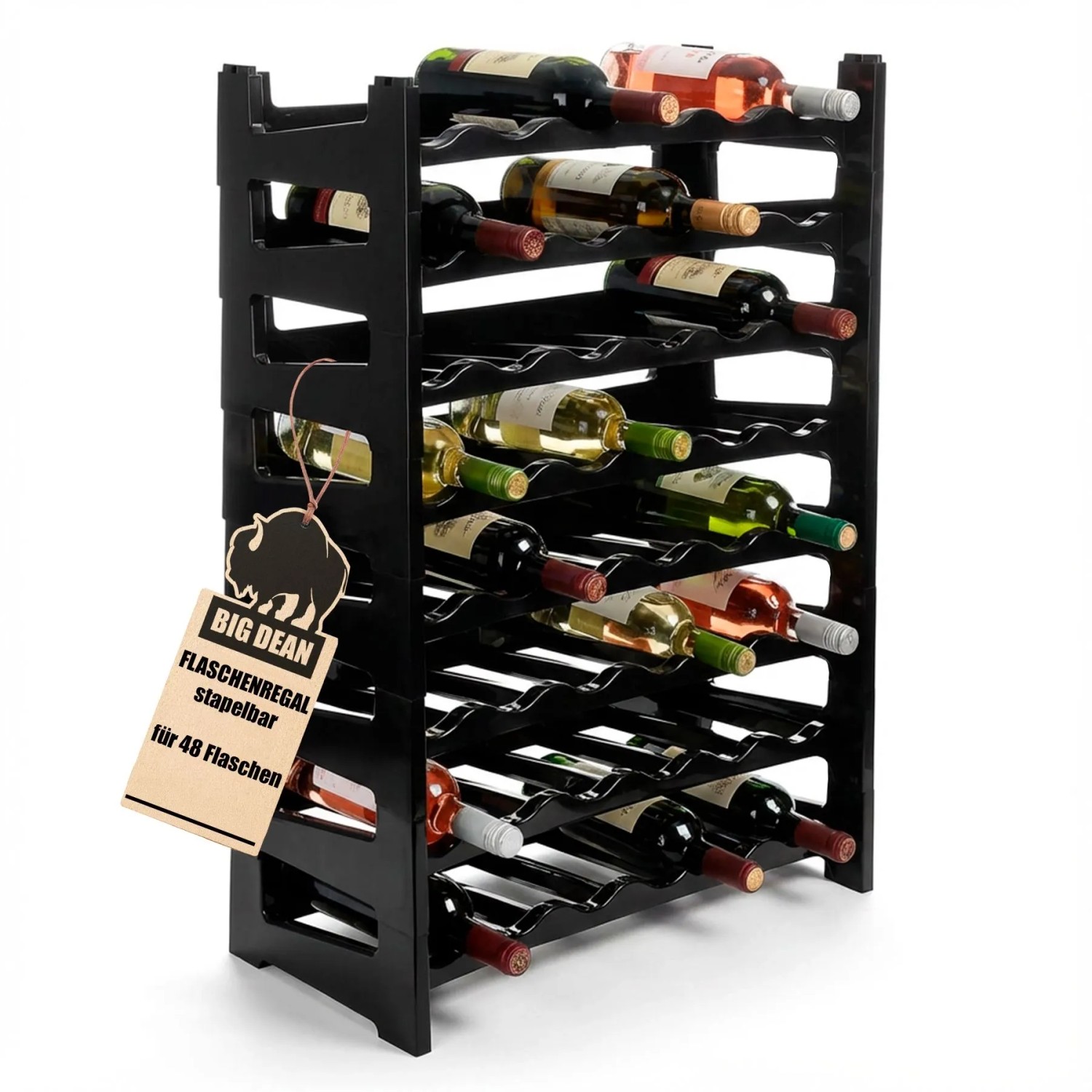 BigDean Flaschenregal Stapelbar Für 48 Flaschen Weinregal Aus Kunststoff Schwarz Getränkeregal Flaschen Regalsystem Für Glas & PET Bis 1,5 Liter
