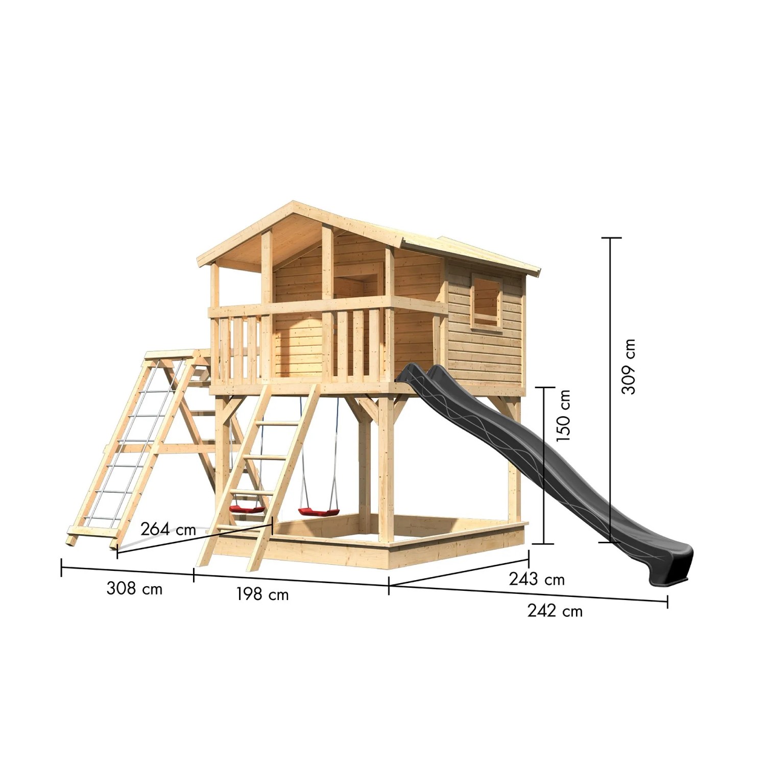 Karibu Stelzenhaus Benjamin mit Rutsche, Schaukel und Netzrampe in Anthrazit. Kinder-Gartengerät aus Holz.