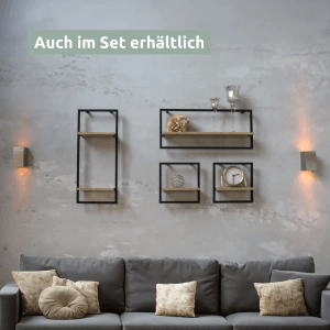 holz4home Wandregal-Set mit Rahmen, MDF Sonoma High, verschiedene Größen an grauer Wand.