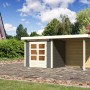 Karibu Holz-Gartenhaus Kumla 2, terragrau, mit Pultdach und überdachtem Anbau.