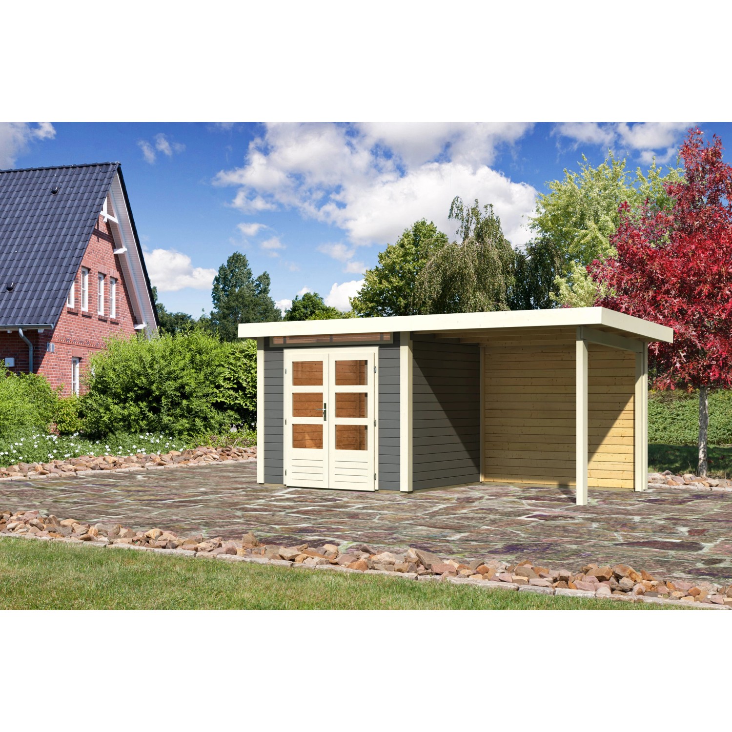 Karibu Holz-Gartenhaus Kumla 2 Terragrau Pultdach Lackiert 244 cm x 204 cm günstig online kaufen