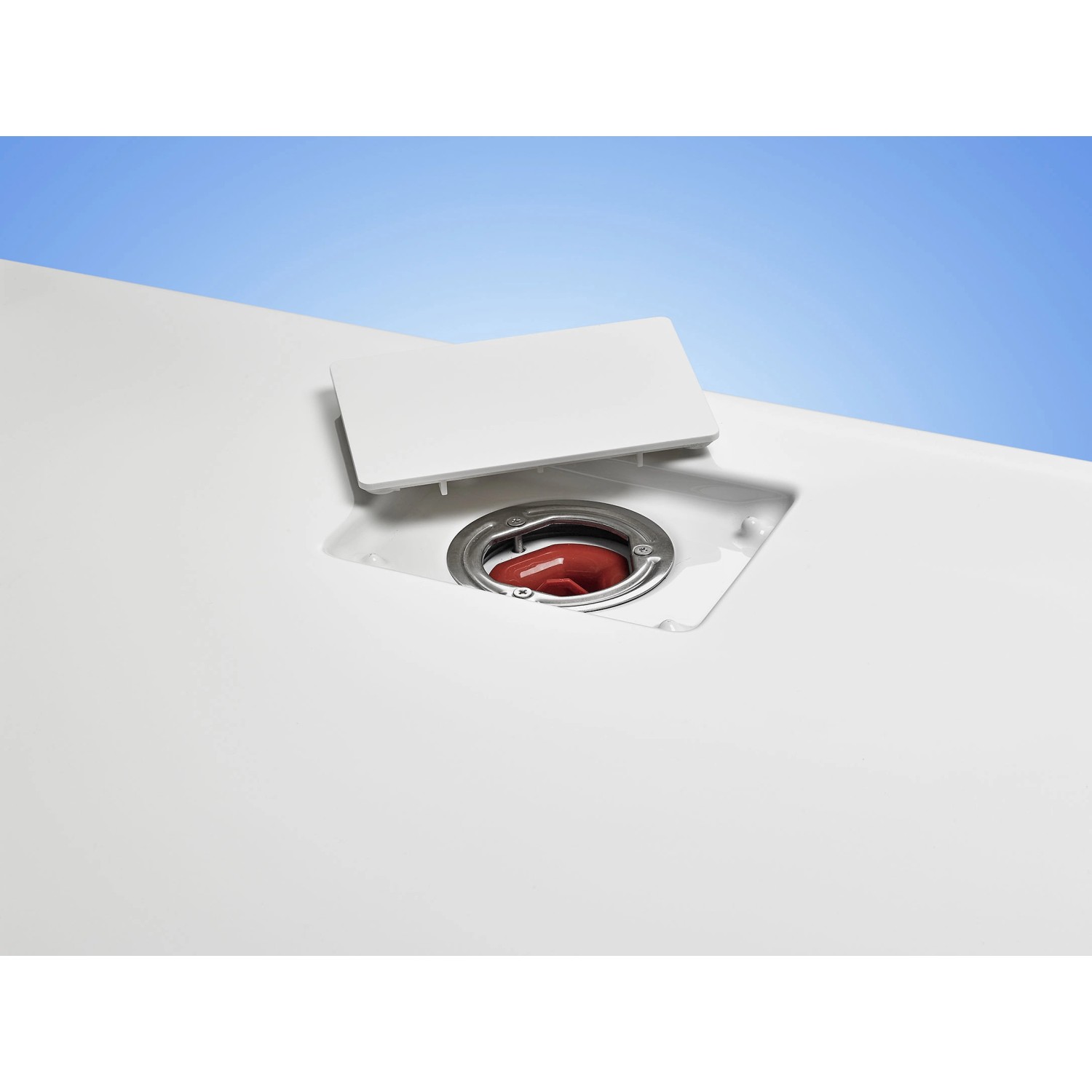 Detailaufnahme Ottofond Duschwanne Pearl, Ablauf mit Abdeckung. Rechteckige, weiße Duschwanne.