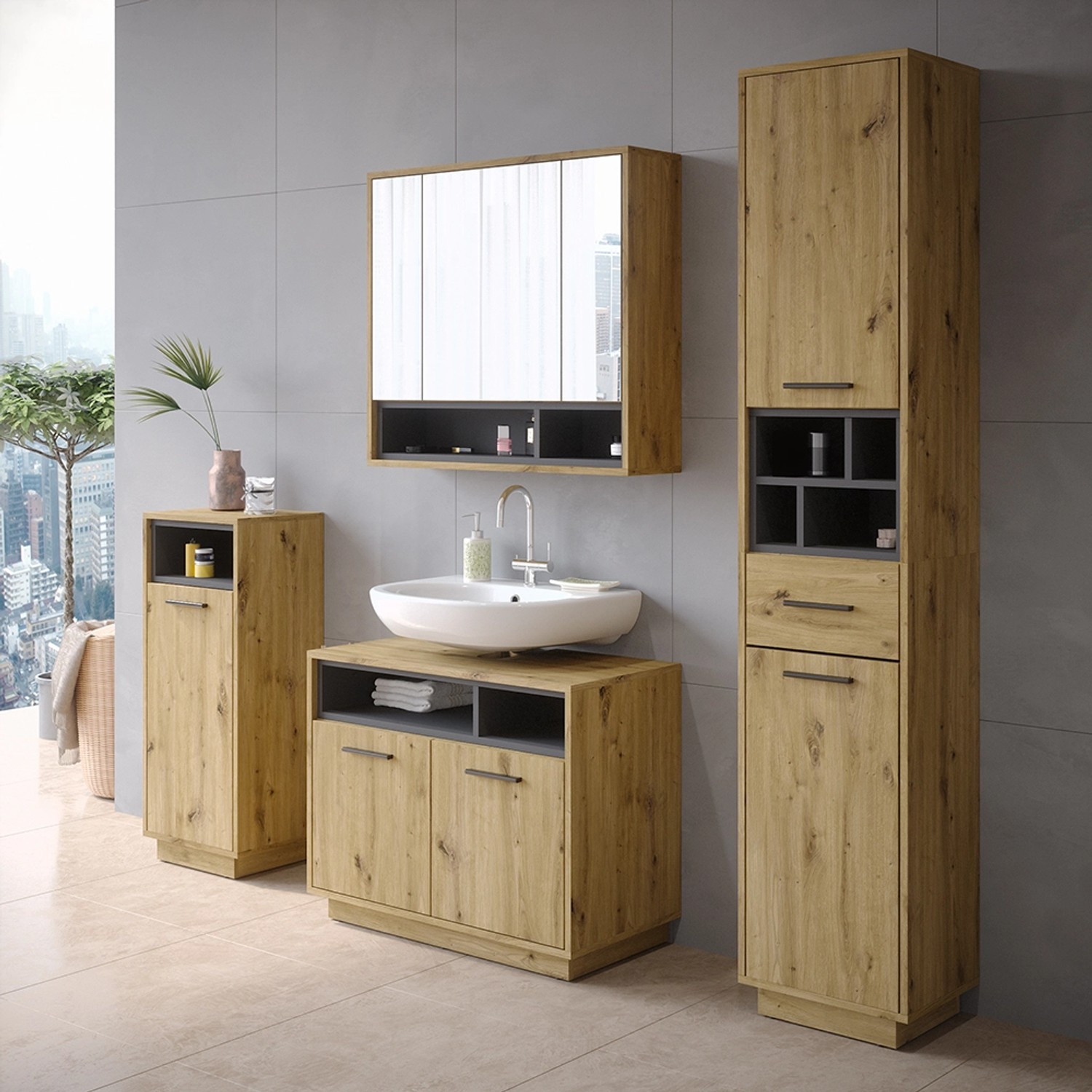 Vicco Badmöbel-Set Beatrice, 4-teilig in Eiche/Anthrazit: Spiegelschrank, Waschbeckenunterschrank, Midischrank, Hochschrank.