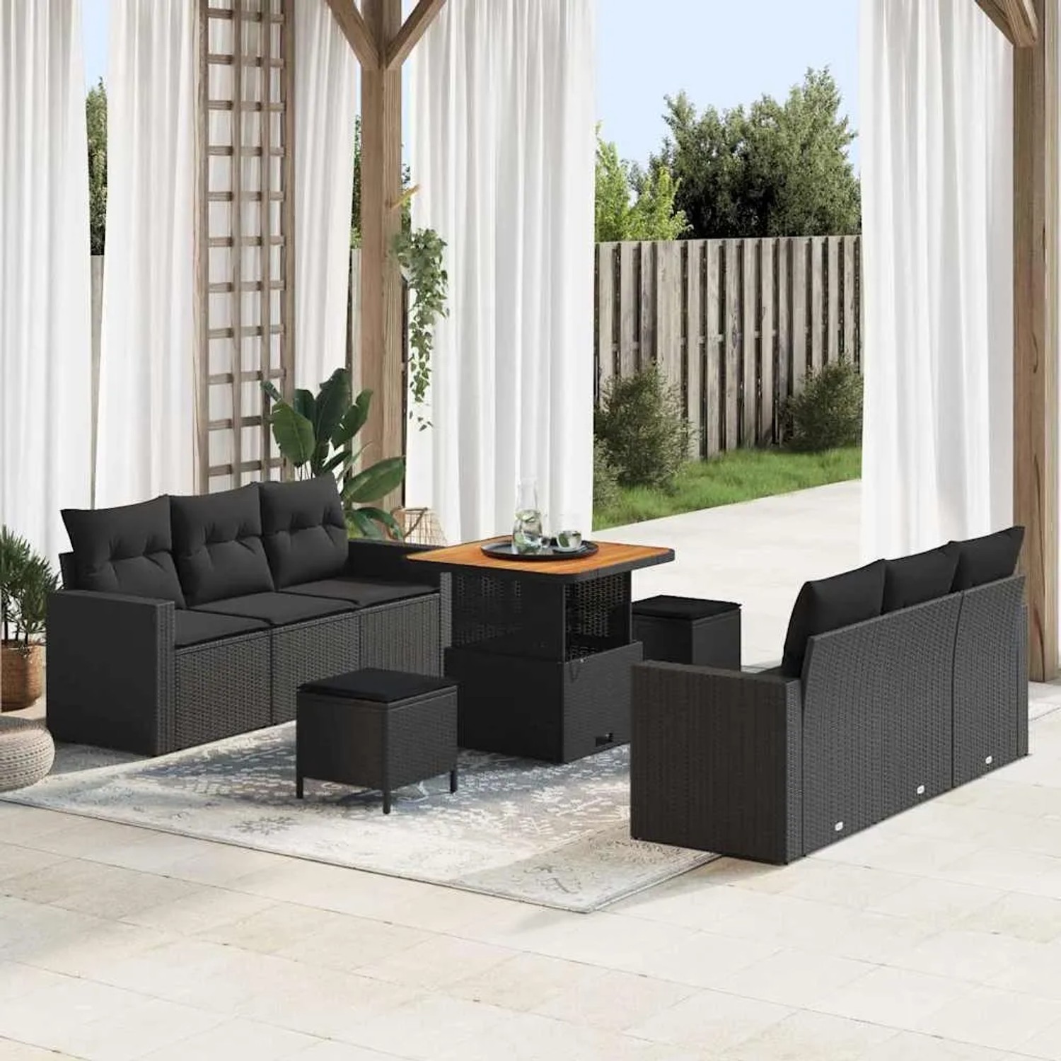 Schwarzes 9-tlg. vidaXL Garten-Sofa-Set aus Poly Rattan mit höhenverstellbarem Tisch.