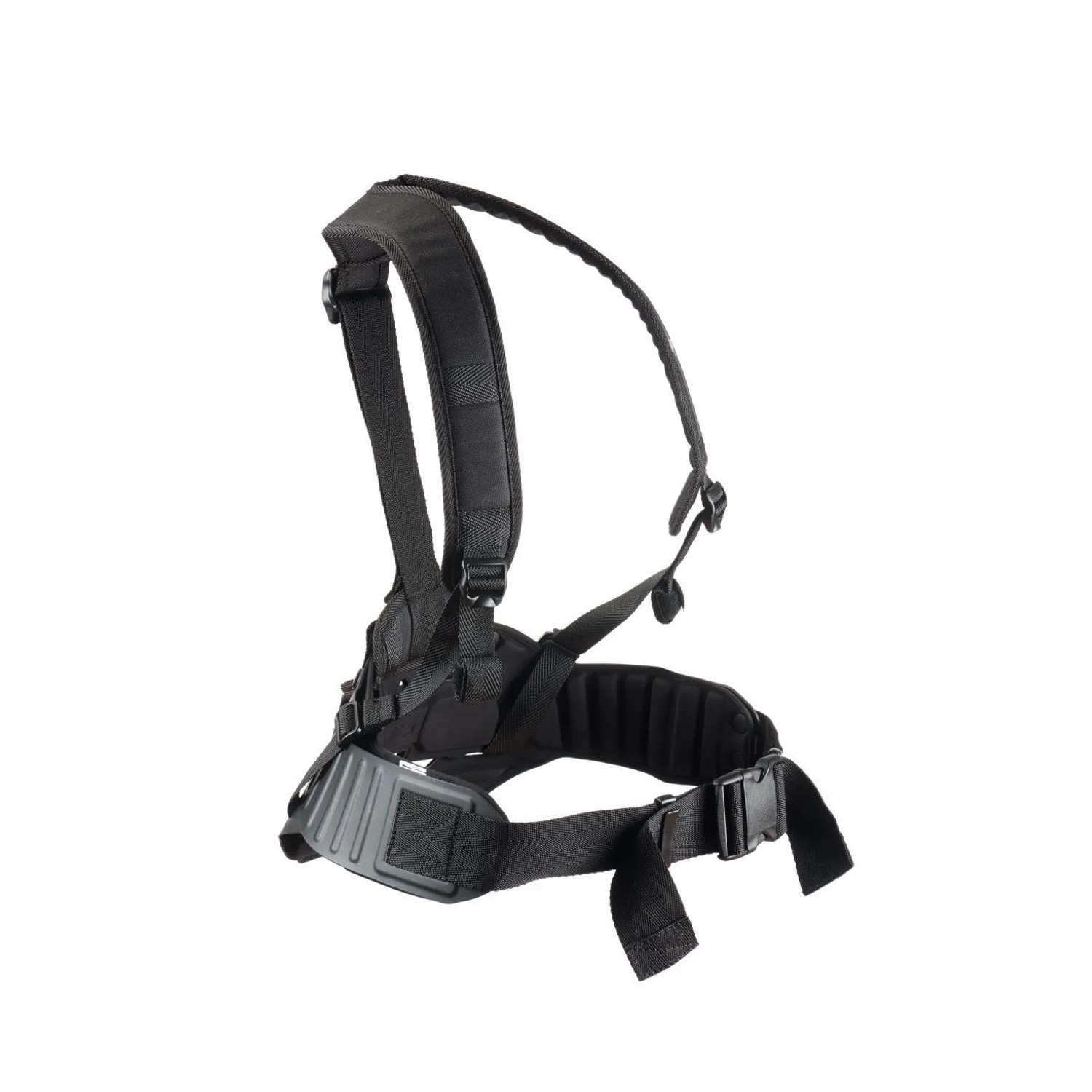 Schwarzes Dräger X-plore 8000 Schultertragesystem für Gebläsefiltergerät. Ergonomisch, gepolstert, verstellbar für Atemschutz.