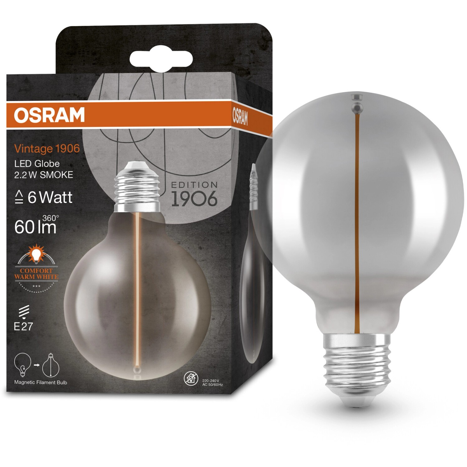 Osram LED-Leuchtmittel E27 Globe, 2,2W, Vintage-Design, warmweißes Licht.