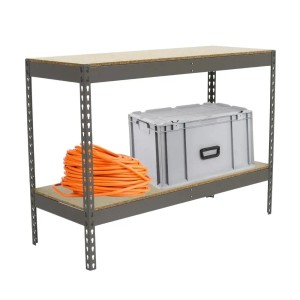 Graues PROREGAL Schwerlastregal Mini Wood Yeti mit zwei Ebenen, beladen mit Kabel und Box.