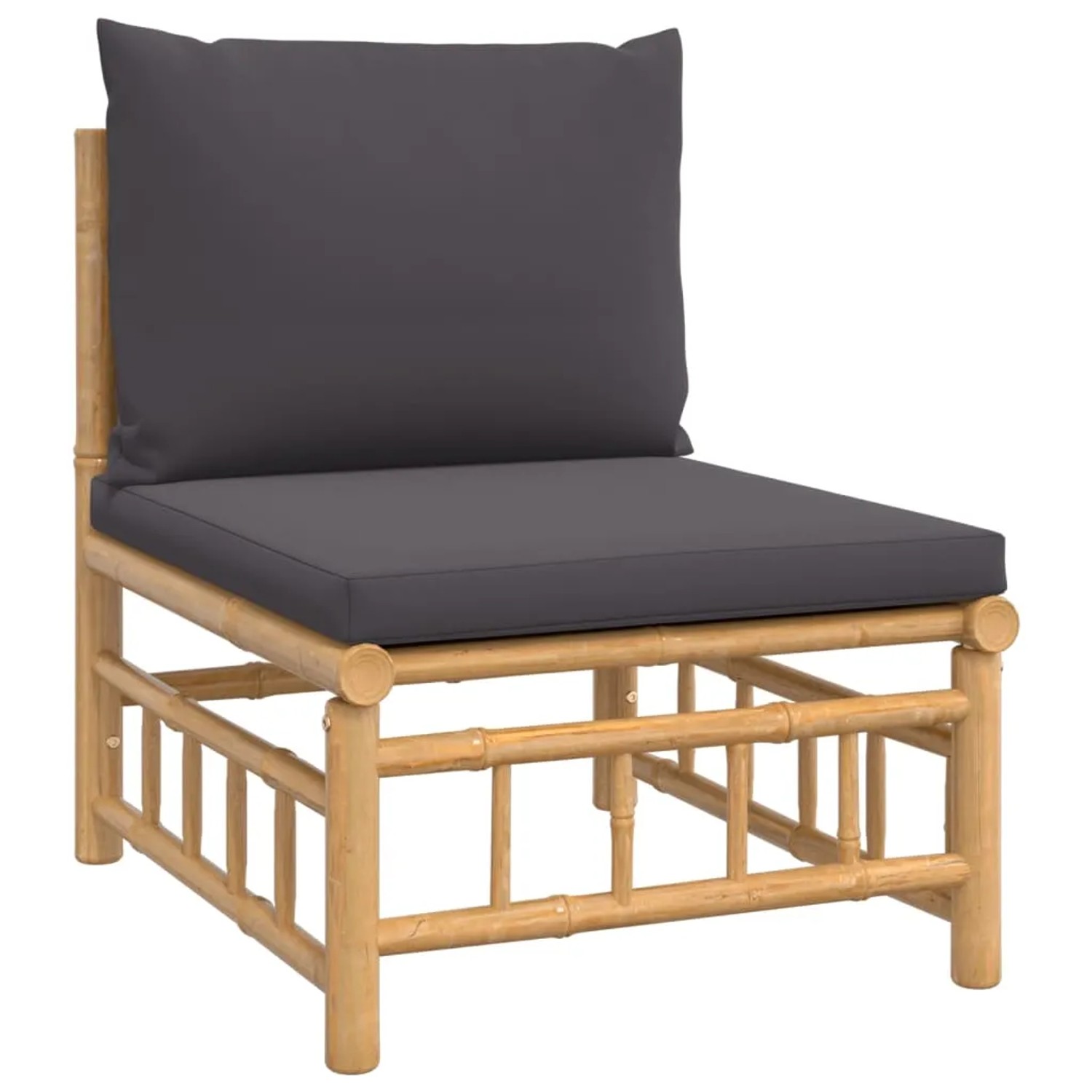 Gartenmöbel: Bambus Sessel mit dunkelgrauen Kissen. Teil des vidaXL Lounge-Sets.