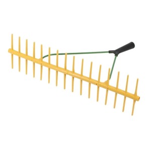 Gelber Galaflor Gartenrechen, doppelseitig, mit 32 Zinken aus Kunststoff für Laub und Grasschnitt.